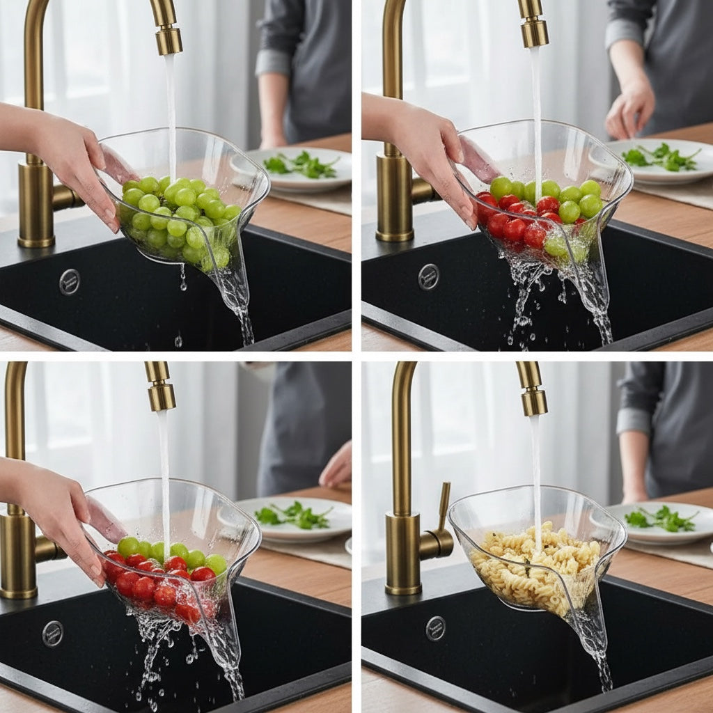 House of Tresse ClearSink Obstschale mit integriertem Abfluss zum Waschen von Gemüse und Salat, transparent
