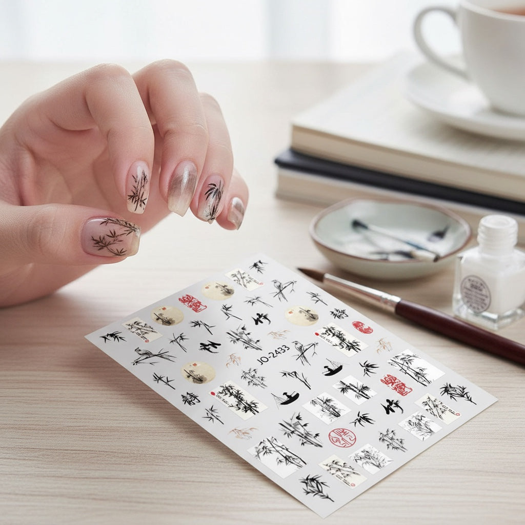 House of Tresse ZenGarden Nail Art Sticker mit Bambus-Motiven und chinesischen Schriftzeichen, ultra-dünn und einfach aufzutragen.