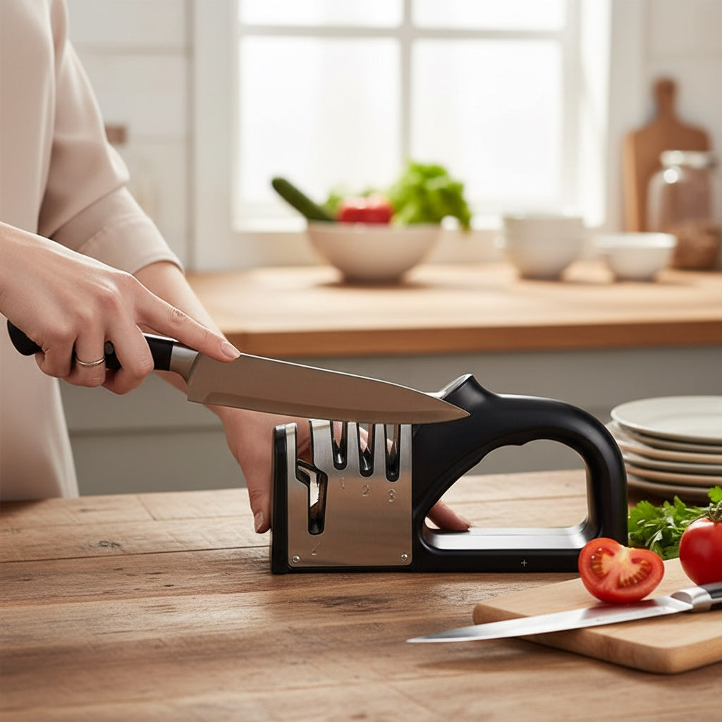 House of Tresse ApexEdge Messerschärfer mit 4 Positionen: Diamant, Wolframstahl, Keramik und Schere. Schwarz.