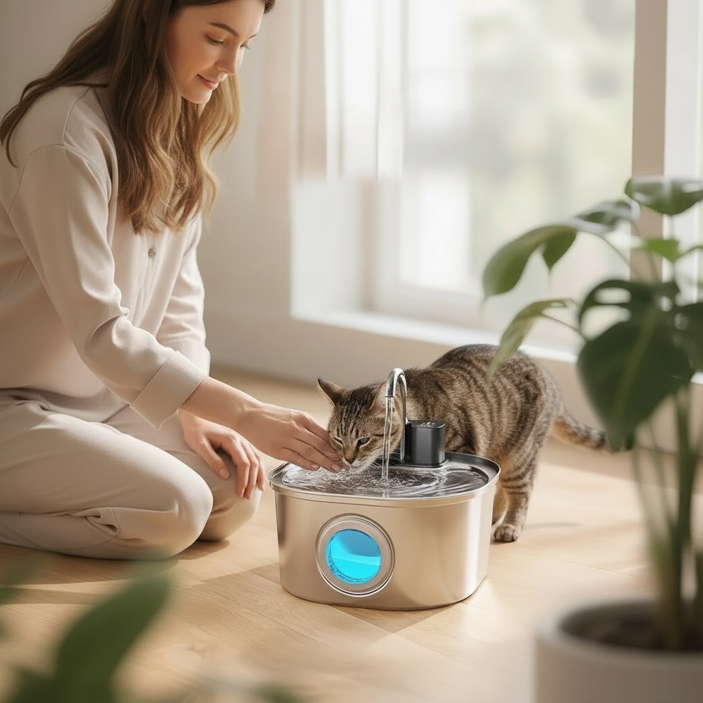 House of Tresse AquaClear Trinkbrunnen für Katzen, Edelstahl, mit blauem Lichtindikator und kabellosem Design