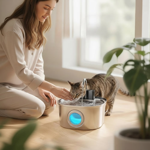 House of Tresse AquaClear Trinkbrunnen für Katzen, Edelstahl, mit blauem Lichtindikator und kabellosem Design