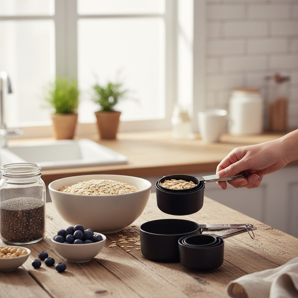 House of Tresse BakeMaster Messbecher-Set aus schwarzem Kunststoff mit Edelstahlgriffen, ideal für präzises Backen.