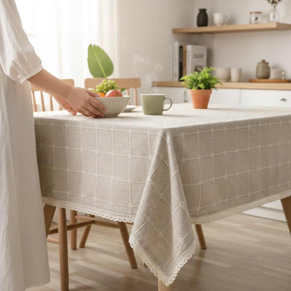 House of Tresse Tischdecke aus Leinen-Mischgewebe in Beige mit Gittermuster und Spitzenbesatz