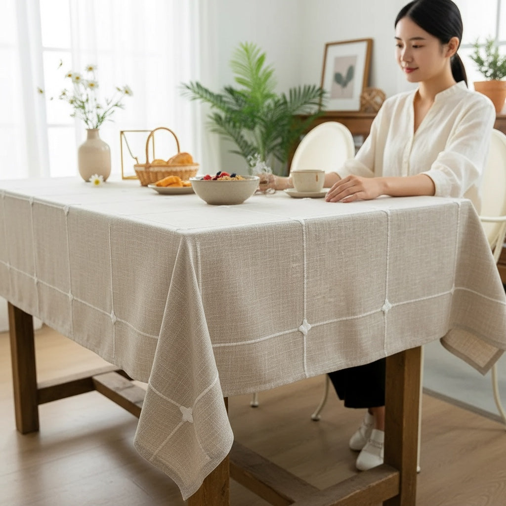 House of Tresse Tischdecke aus Leinenmischgewebe in Beige mit Gittermuster und dekorativen Ecken.
