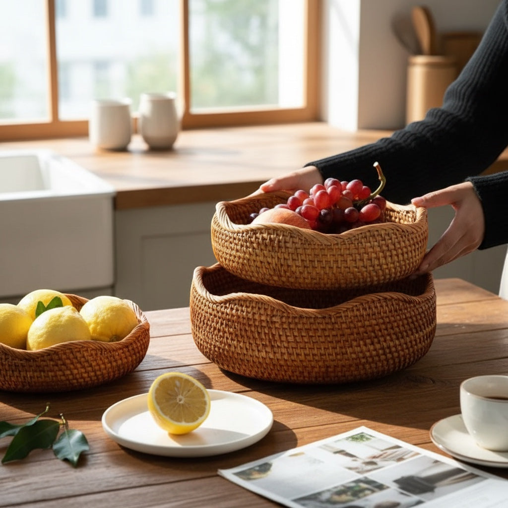House of Tresse BohoBasket aus Rattan, handgewebt, naturfarben, für Obst und Gemüse, 2er-Set