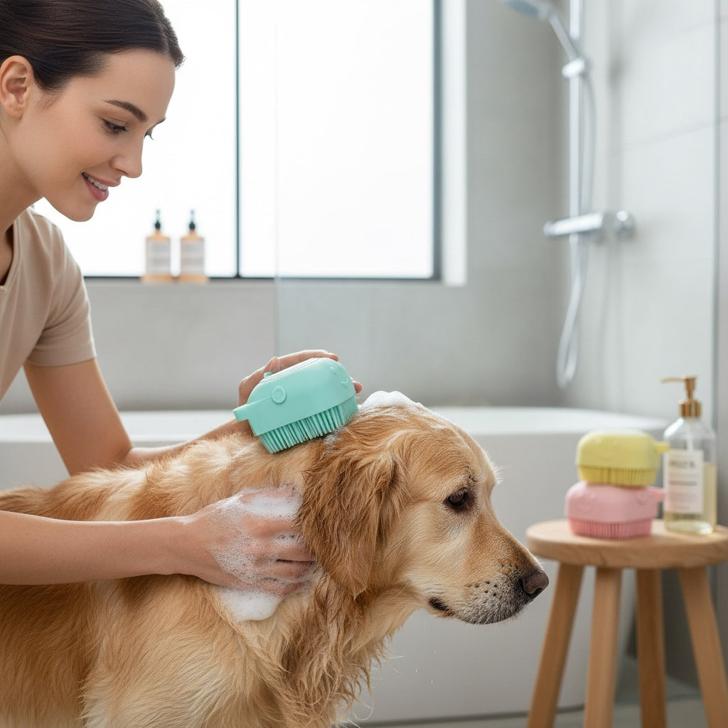 House of Tresse BubblePaw Hundebürste mit integriertem Shampoo-Reservoir, weiche Silikonnoppen für sanfte Massage und Reinigung.