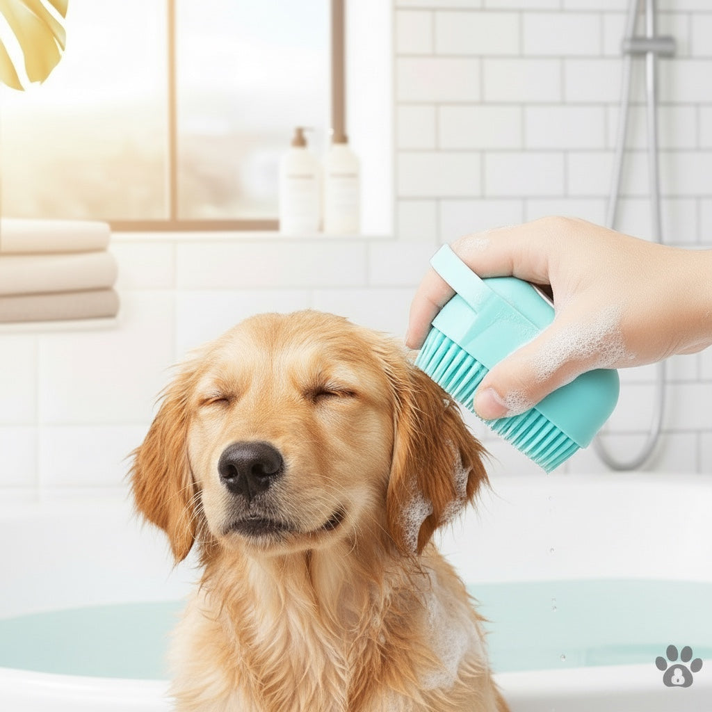 House of Tresse BubblePaw: Türkisfarbene Silikon-Bürste mit integriertem Shampoo-Reservoir massiert sanft das Gesicht einer entspannten orangefarbenen Katze mit Schaum.