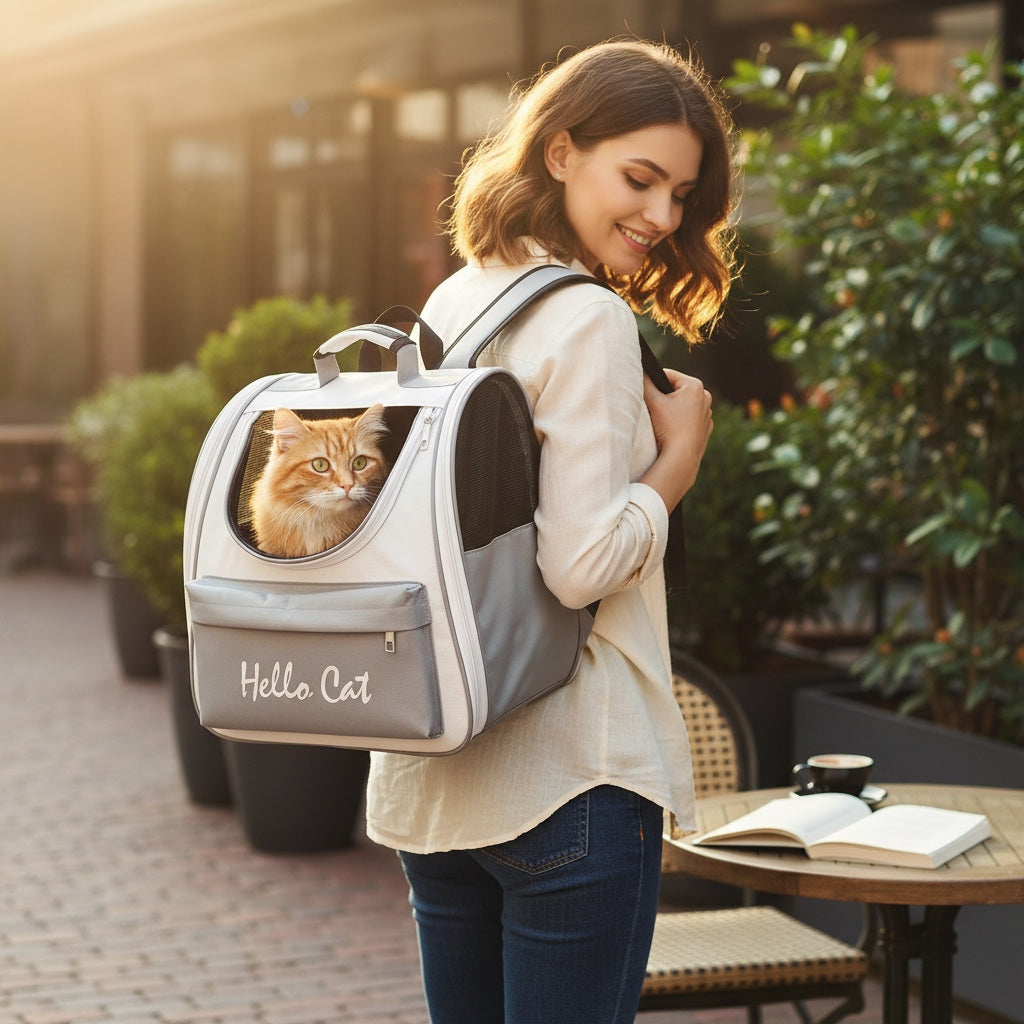 House of Tresse Buddy Backpack für Haustiere, weiß und grau, mit Belüftungsgittern und durchsichtigem Fenster.