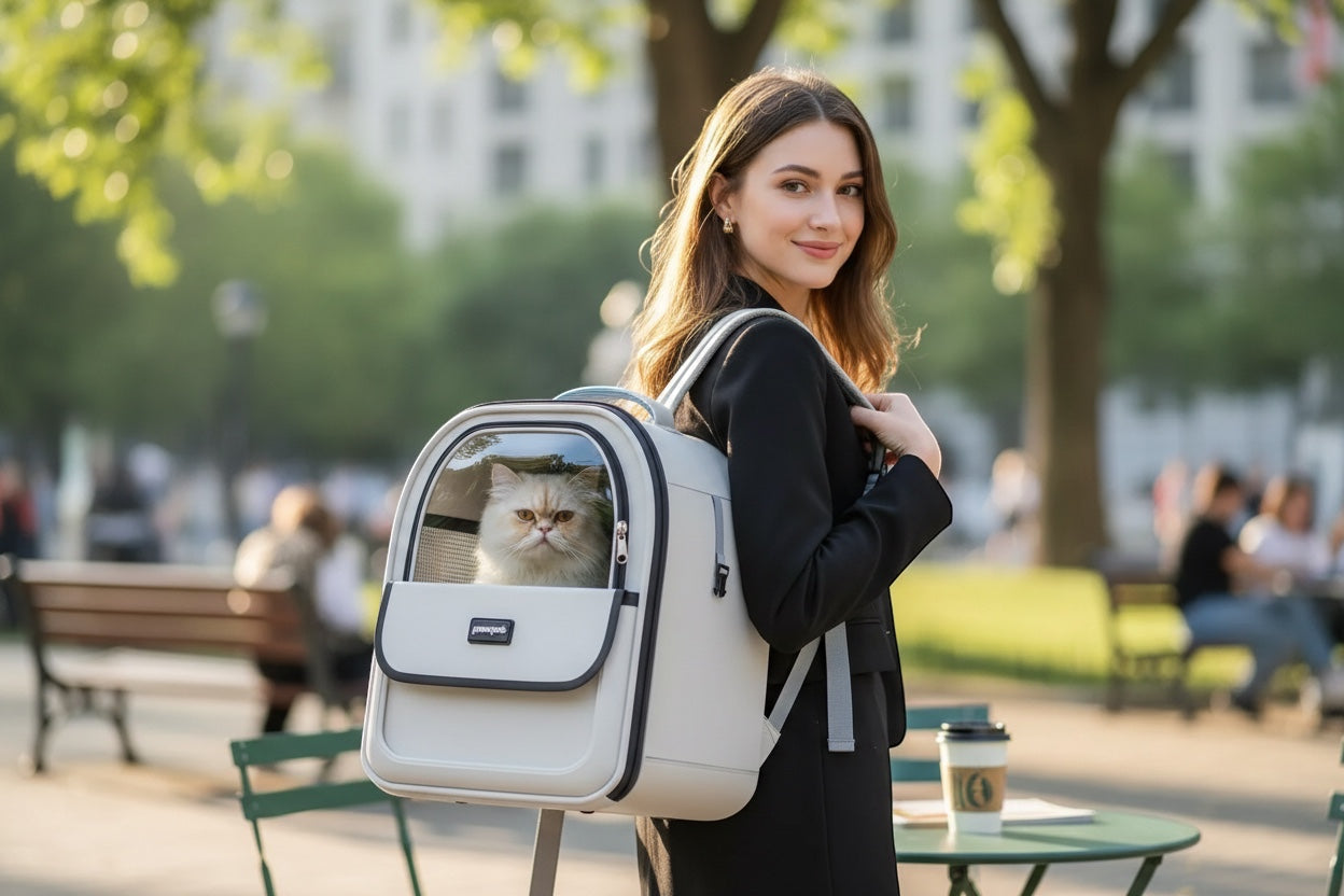 House of Tresse Buddy Backpack Plus, ein beiger Katzenrucksack mit Panoramafenster und Mesh-Einsätzen, getragen von einer Frau im Freien.