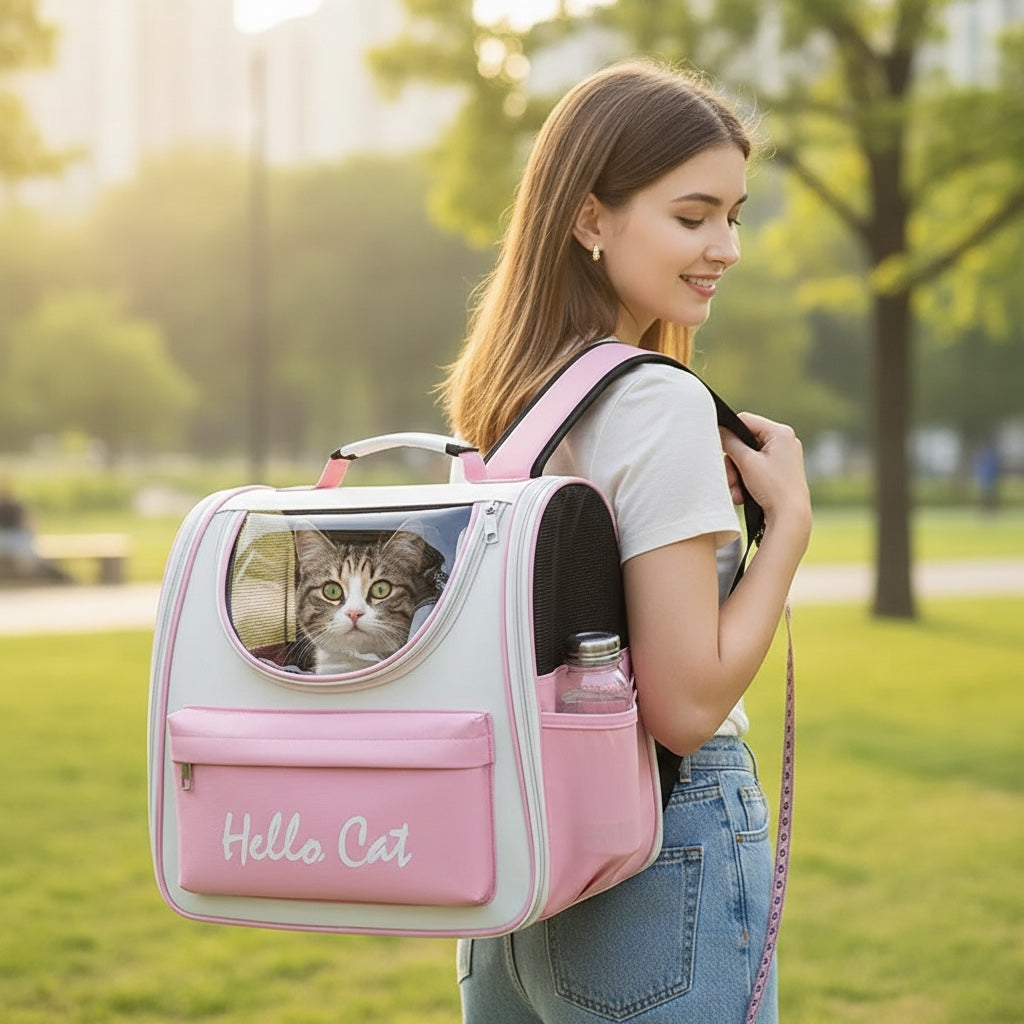 House of Tresse Buddy Rucksack für Haustiere, pink und weiß, mit "Hello Cat" Aufdruck und Netzfenstern für Belüftung.