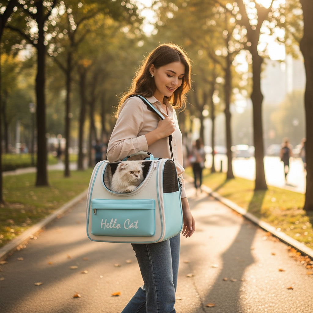 House of Tresse Buddy Backpack für Katzen, atmungsaktiv, mit Fenster und Tasche, in Blau, Rosa, Grau, Gelb und Lila