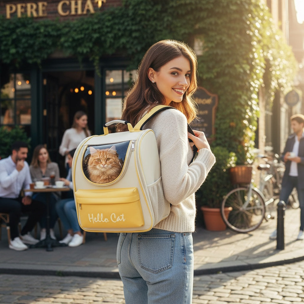House of Tresse Buddy Rucksack für Katzen mit transparentem Fenster und gelber Fronttasche mit "Hello Cat" Aufschrift.
