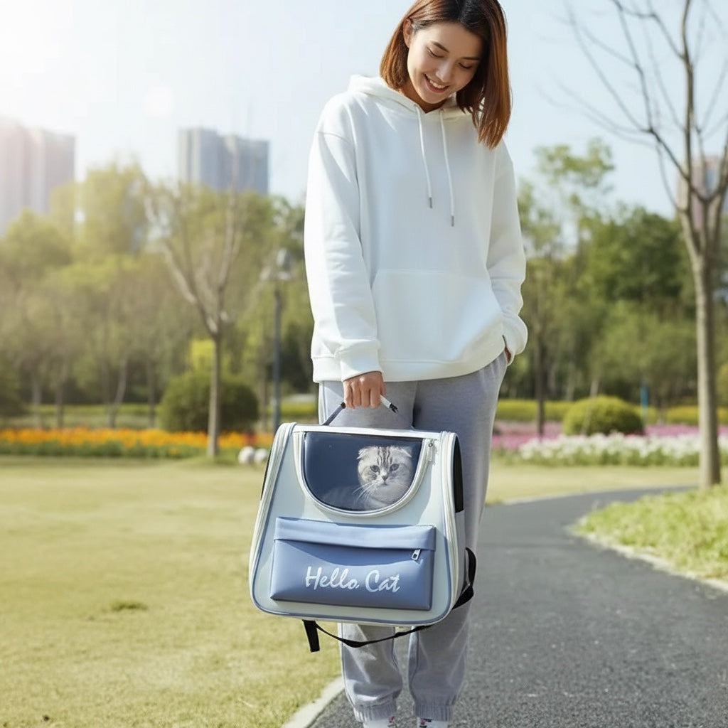 House of Tresse Buddy Backpack für Katzen, grau und blau, mit Fenster und "Hello Cat" Aufdruck