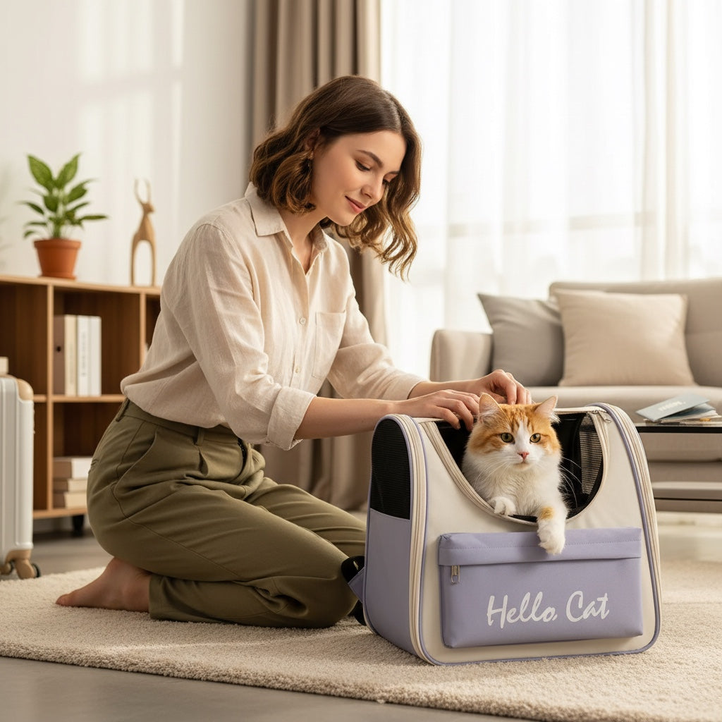 House of Tresse Buddy Rucksack für Katzen, hellblau und cremefarben, mit Netzfenstern und "Hello Cat"-Aufdruck