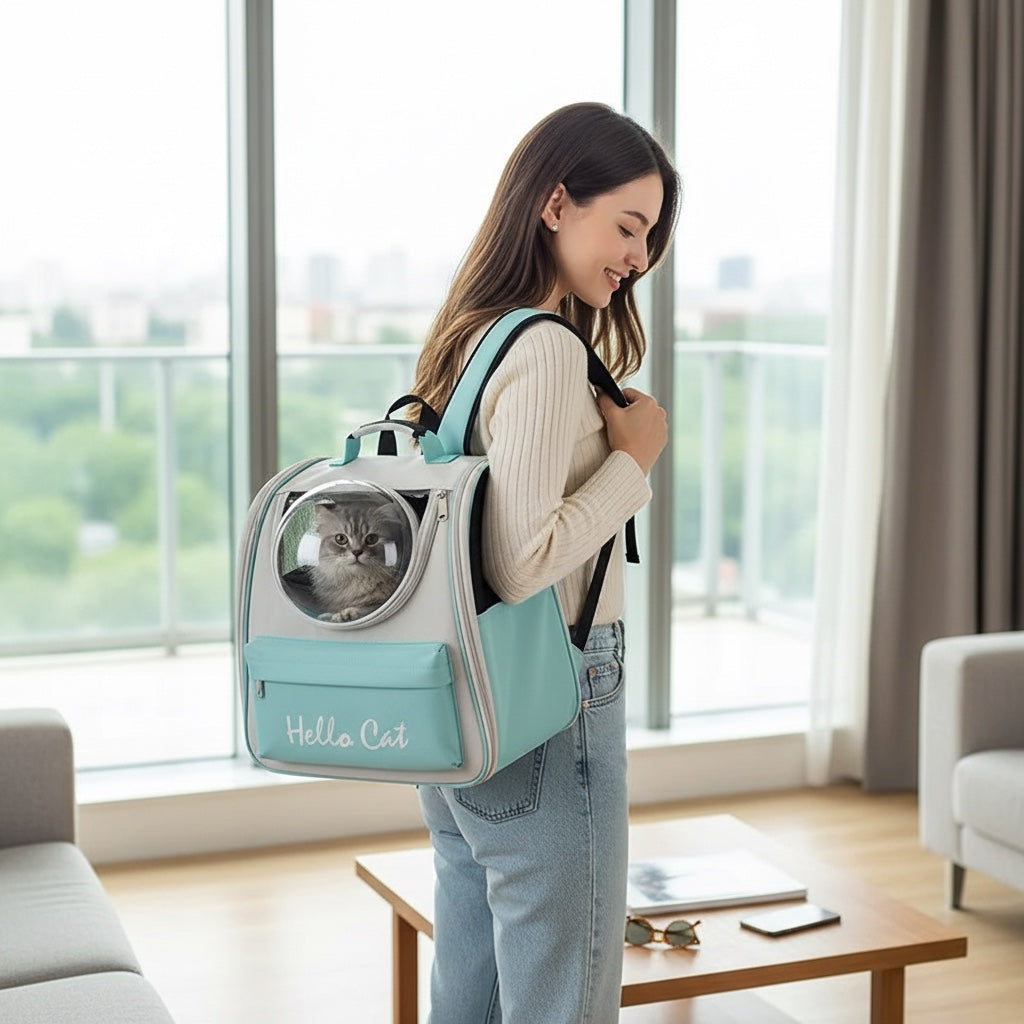 House of Tresse Buddy Rucksack für Katzen und kleine Hunde, hellblau und grau, mit Netzfenster und Vordertasche