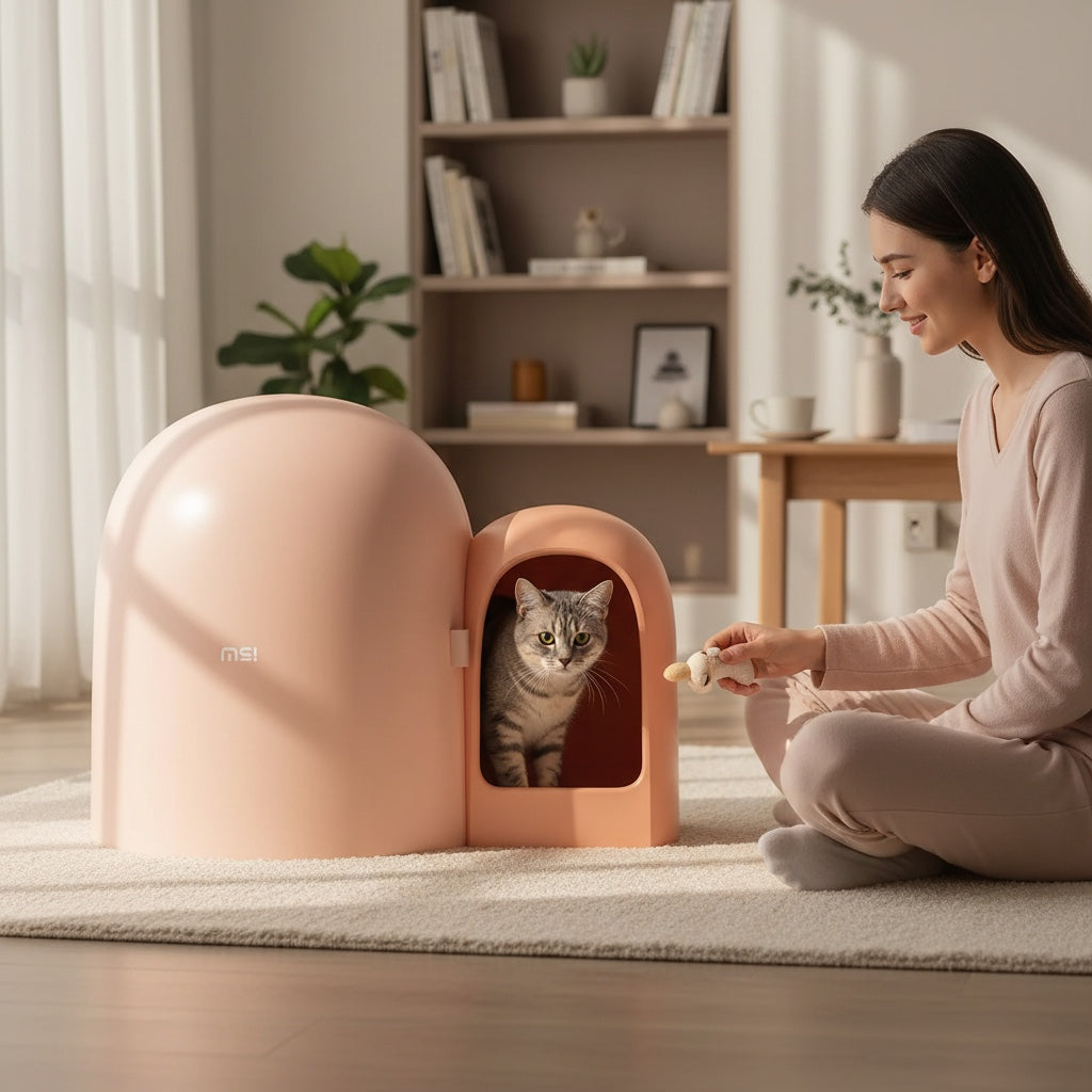 House of Tresse Space Plus Cat Loft, ein stilvolles, igluartiges Katzenklo in zartem Rosa mit großem Eingang und diskretem Design.