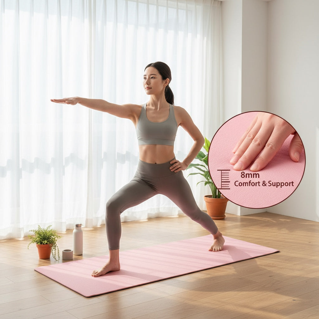Frau beim Yoga auf der rosa House of Tresse CloudStride Fitnessmatte mit 8 mm Dämpfung für optimalen Gelenkschutz.
