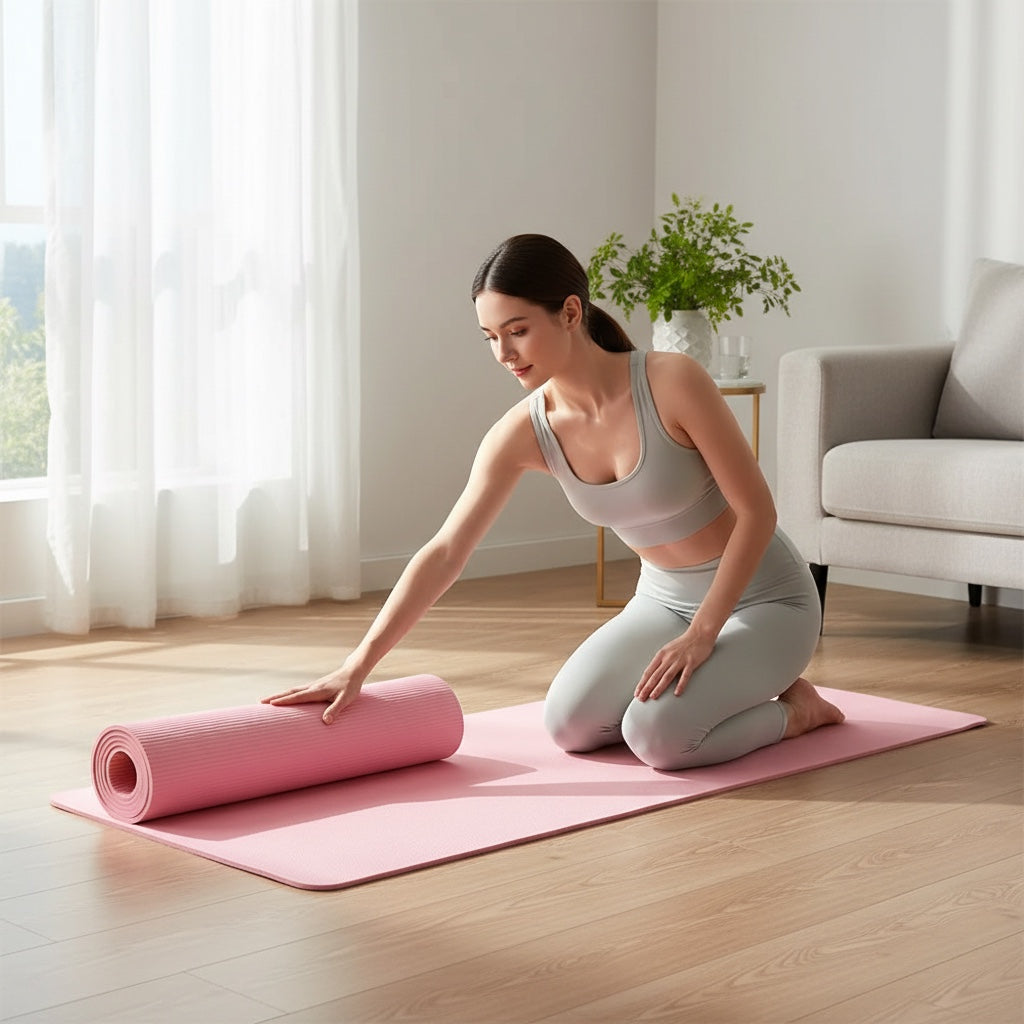 Frau kniet auf einer rosa House of Tresse CloudStride Fitnessmatte in einem hellen Wohnzimmer und rollt sie aus.