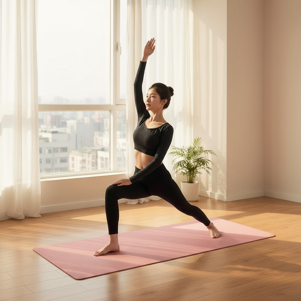 Frau in schwarzer Sportkleidung praktiziert Yoga auf einer rosafarbenen House of Tresse CloudStride Fitnessmatte.