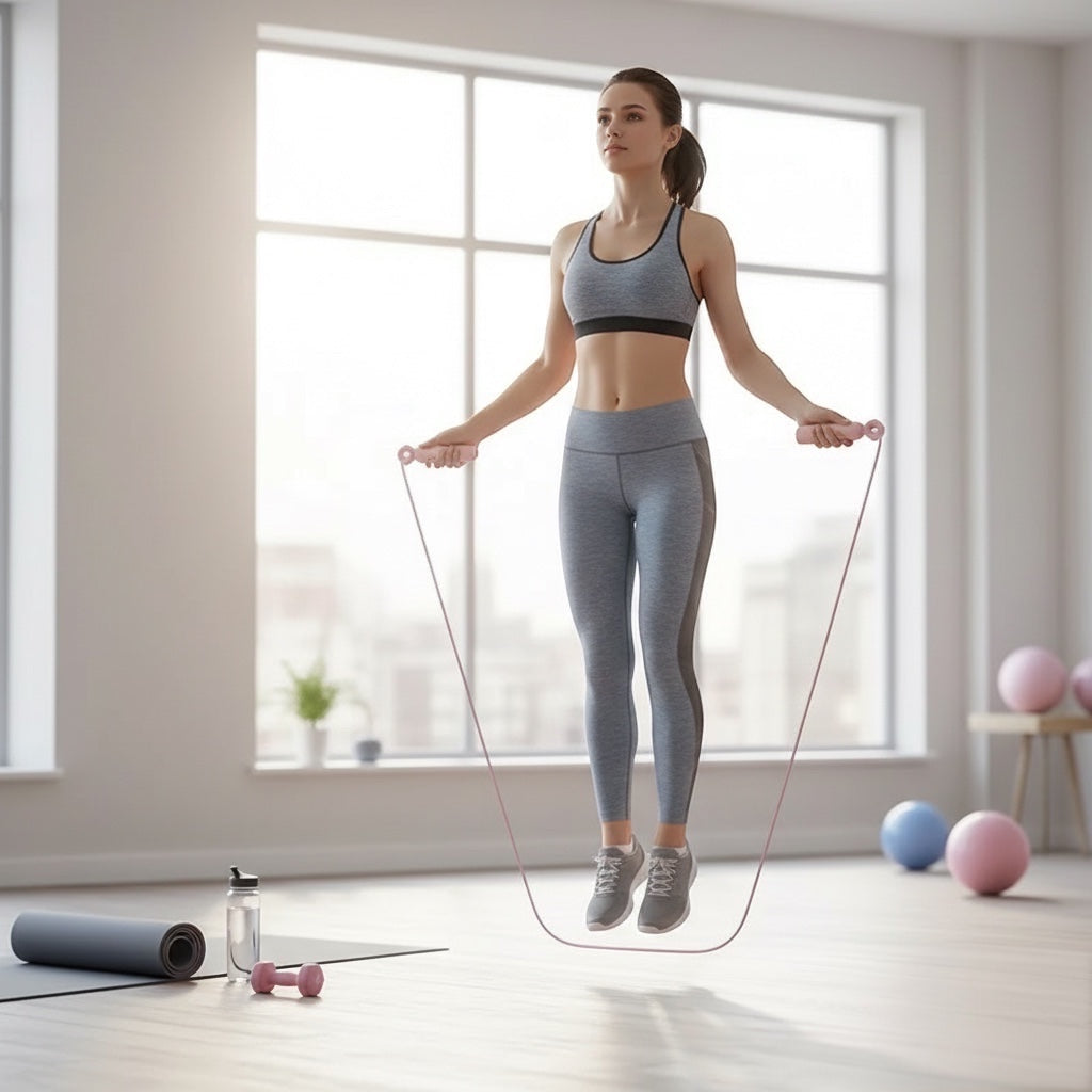 Eine Frau trainiert mit dem House of Tresse CountUp Springseil mit Herzfrequenz-Sensor in einem hellen Fitnessstudio.