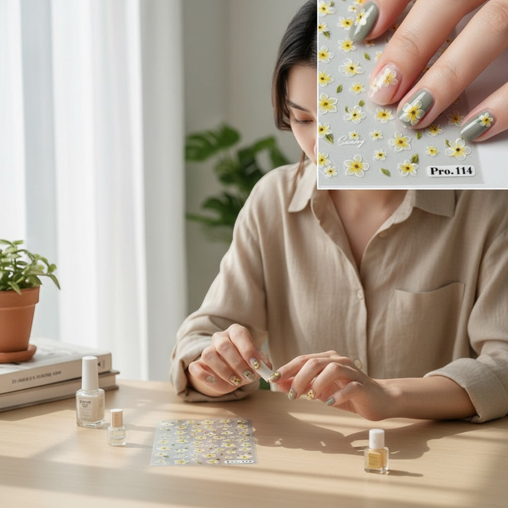House of Tresse DaisyDreams: Aufkleber mit weißen und gelben Blumen und grünen Blättern für Nägel. Ultra-dünn, einfach anzubringen.