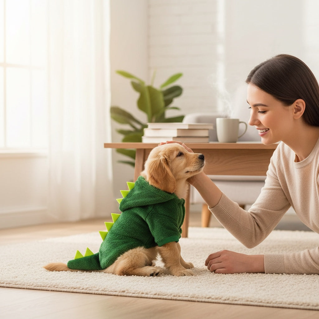 House of Tresse grüner Plüsch-Hoodie für Katzen im Dino-Look mit gelben Stacheln