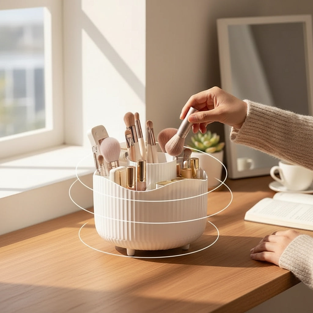 House of Tresse EasyAccess weißer Kosmetik Organizer mit 360° Rotation und mehreren Fächern für Pinsel und Make-up.