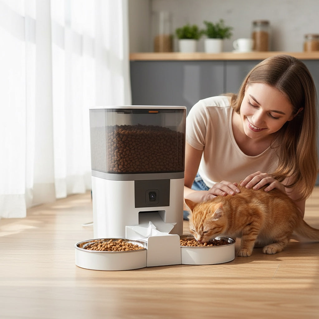 House of Tresse EyeFeed Pro Futterautomat mit Kamera und zwei Edelstahlnäpfen, weiß, 4L Fassungsvermögen