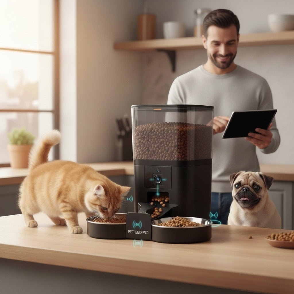 House of Tresse EyeFeed Pro: Ein Mann bedient einen Futterautomaten per Tablet, während eine Katze frisst und ein Mops zusieht.