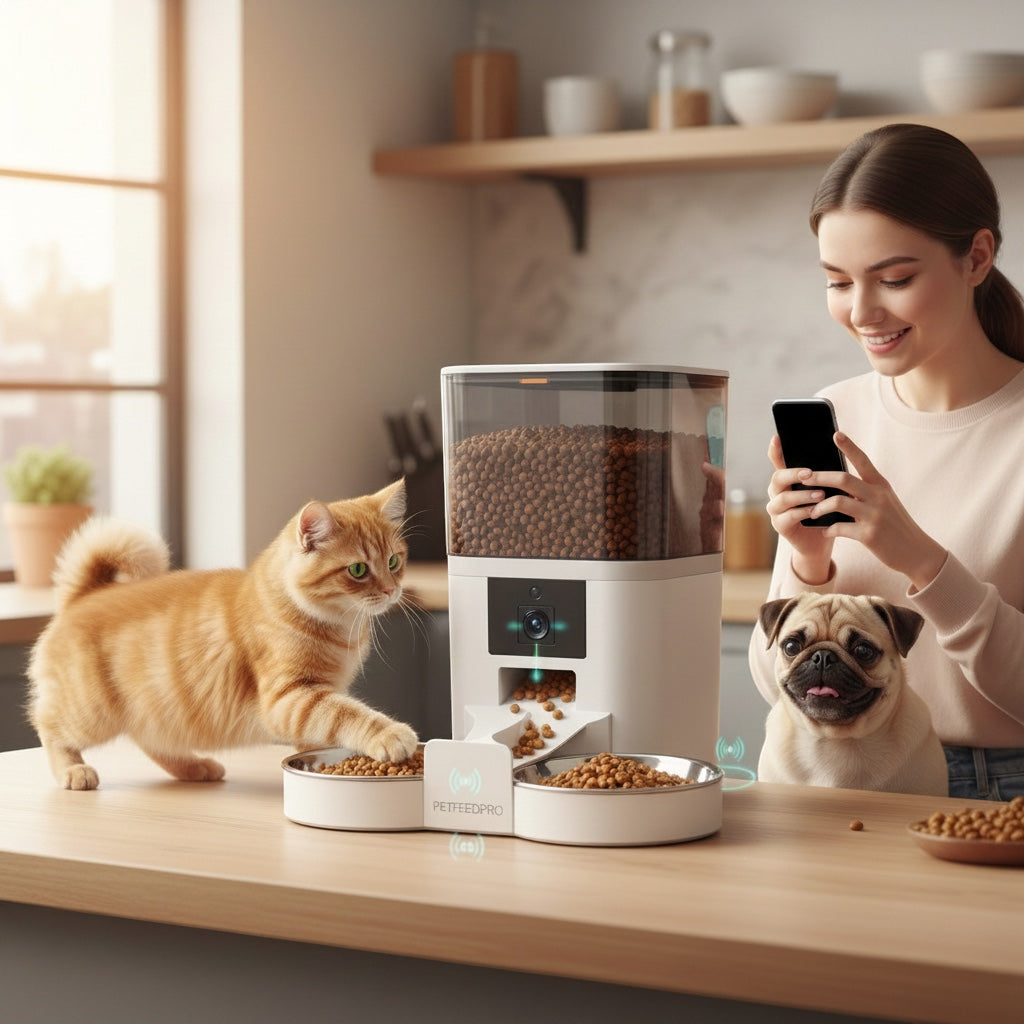 House of Tresse EyeFeed Pro: Ein weißer Futterautomat mit HD-Kamera und WLAN, der Futter für eine Katze und einen Mops ausgibt. Eine Frau bedient ihn per Smartphone.