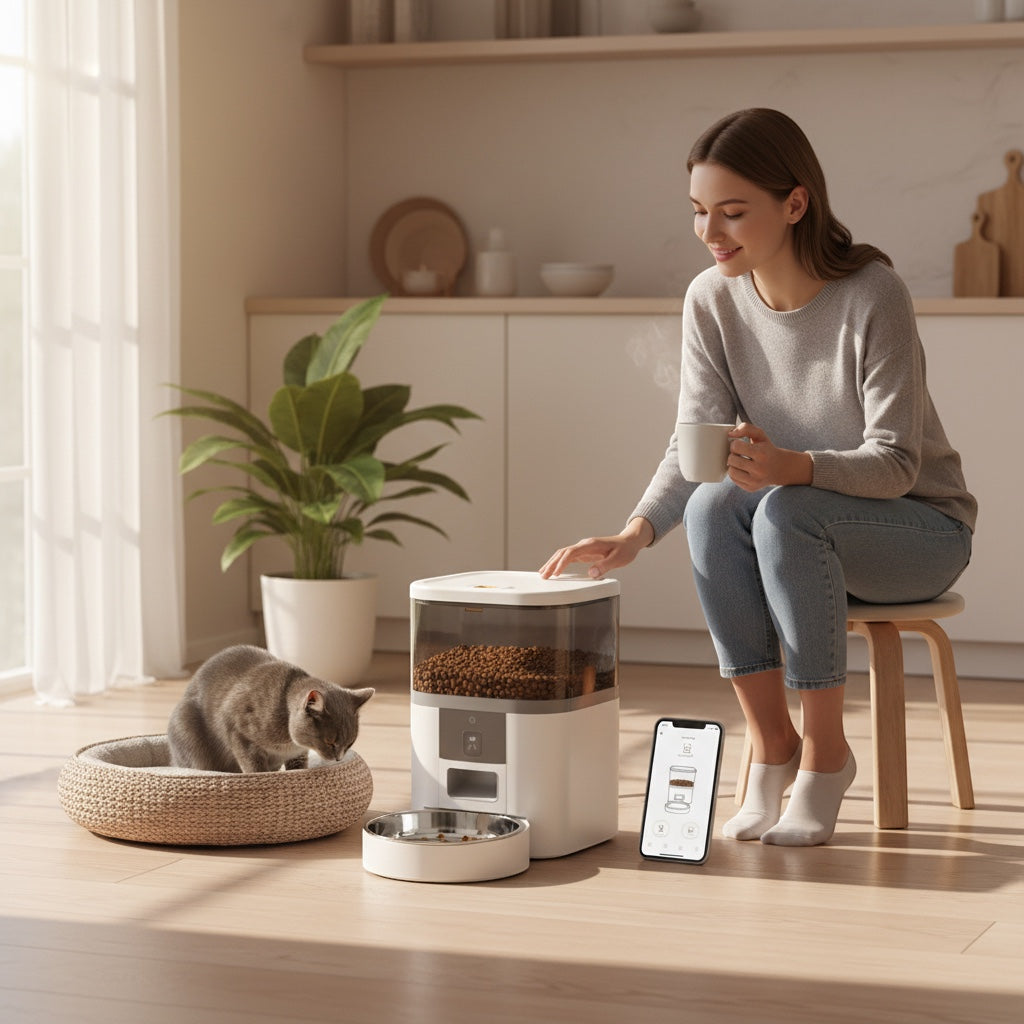 House of Tresse EyeFeed Pro automatischer Futterautomat mit HD-Live-Stream und Zwei-Wege-Audio, weißer Kunststoff, Edelstahlnapf