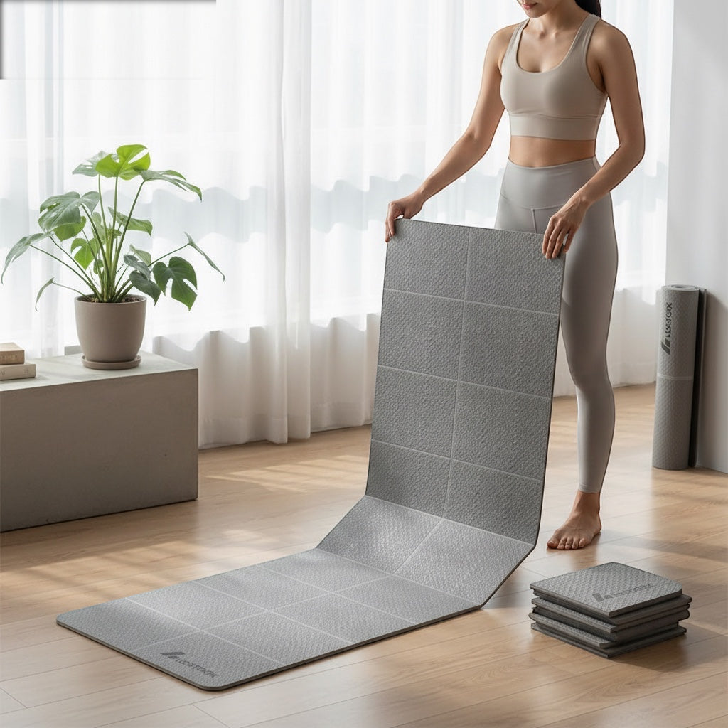 House of Tresse Fold&Go Yogamatte in Grau, faltbar aus TPE, ideal für Reisen, gehalten von einer Frau im Sportoutfit.