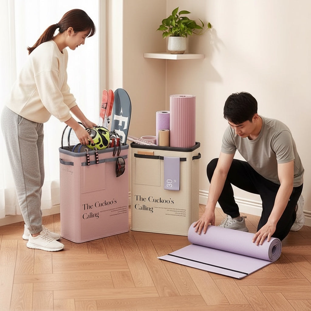 House of Tresse FlexBin Aufbewahrungskörbe in Beige und Rosa für Yogamatten und Fitnesszubehör in einem Wohnraum.