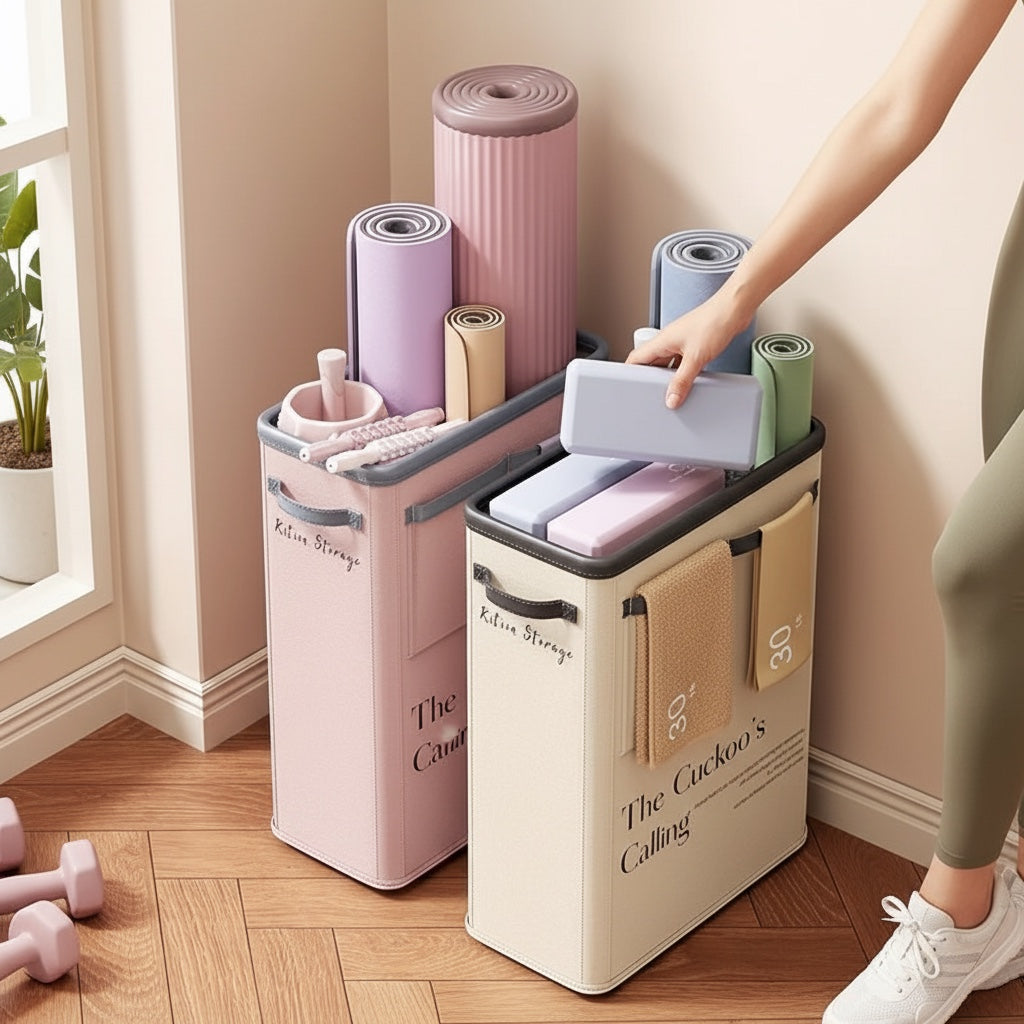 House of Tresse FlexBin Aufbewahrung für Yogamatten und Fitnesszubehör in Beige und Rosa mit praktischen Fächern.