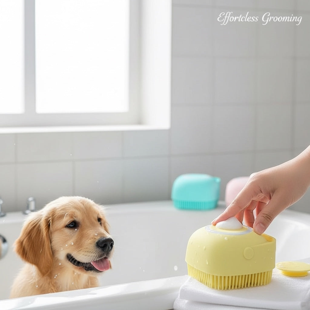 House of Tresse gelbes Haustier-Badeutensil aus Silikon mit integriertem Shampoo-Reservoir und weichen Noppen