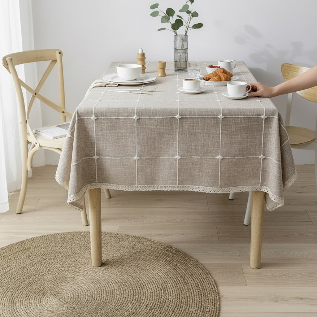 House of Tresse Tischdecke aus Leinenmischgewebe mit weißem Gittermuster und Quastenbesatz, 140x140 cm