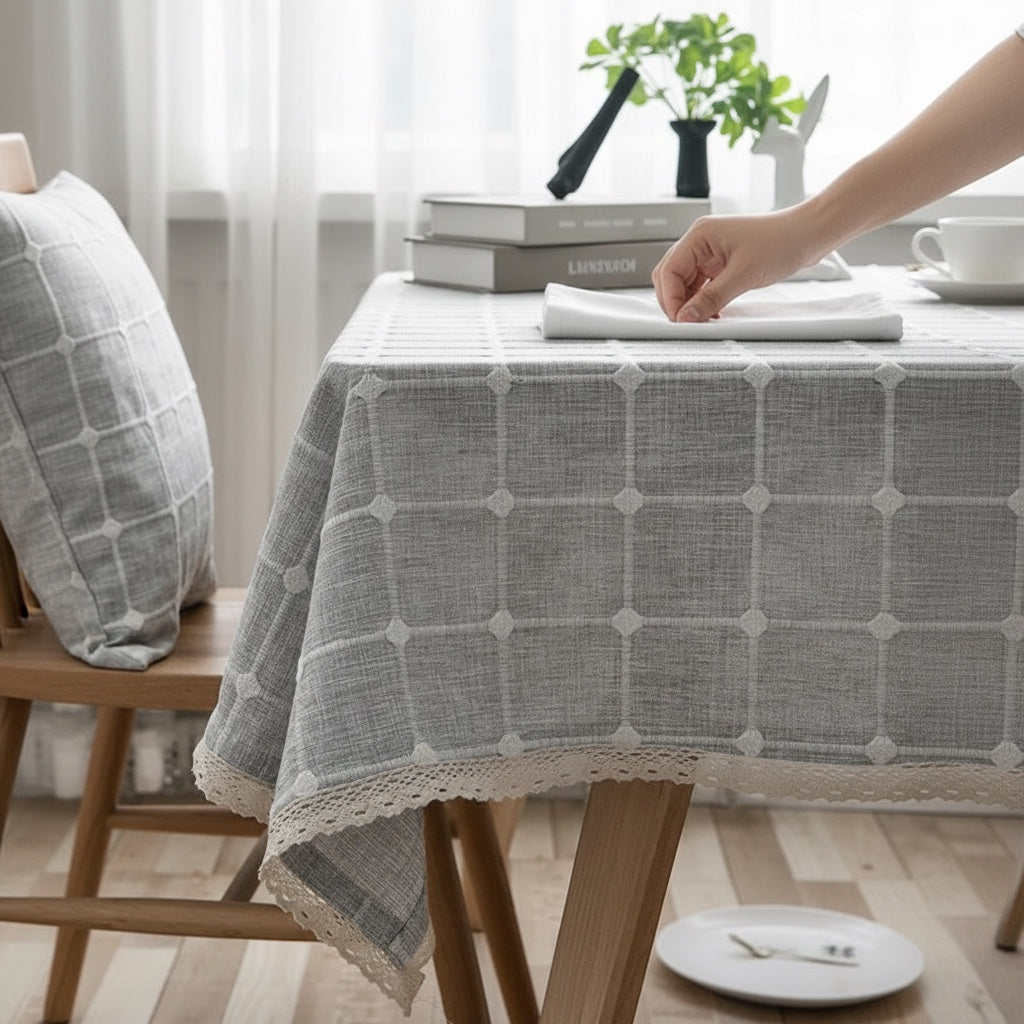 House of Tresse graue Tischdecke mit Gittermuster und Spitzenbesatz, rechteckig, 140x200 cm