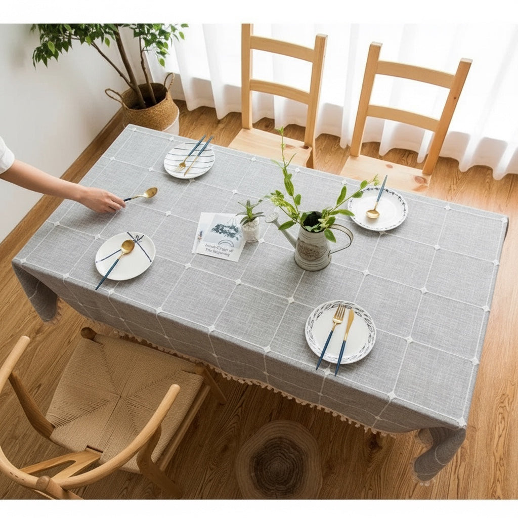 House of Tresse graue Tischdecke mit weißem Gittermuster, rechteckig, für Esstische, 17cm Überhang