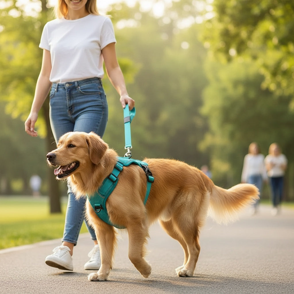House of Tresse Soft-Safety Pro Hundegeschirr aus atmungsaktivem Mesh-Gewebe in Türkis mit reflektierenden Streifen und verstellbaren Gurten.