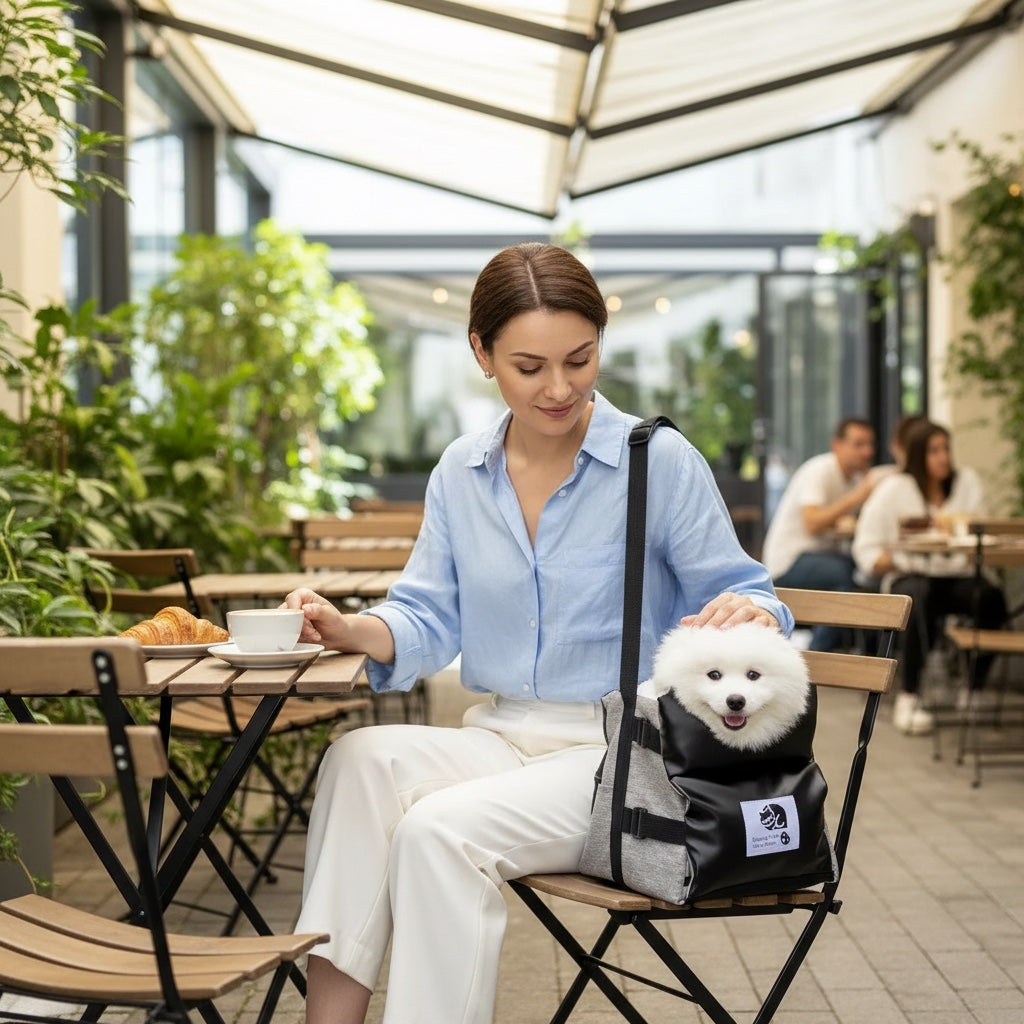 House of Tresse VentureBuddy Hundetragetasche aus grauem Stoff mit schwarzem Kunstleder-Einsatz, für kleine Hunde