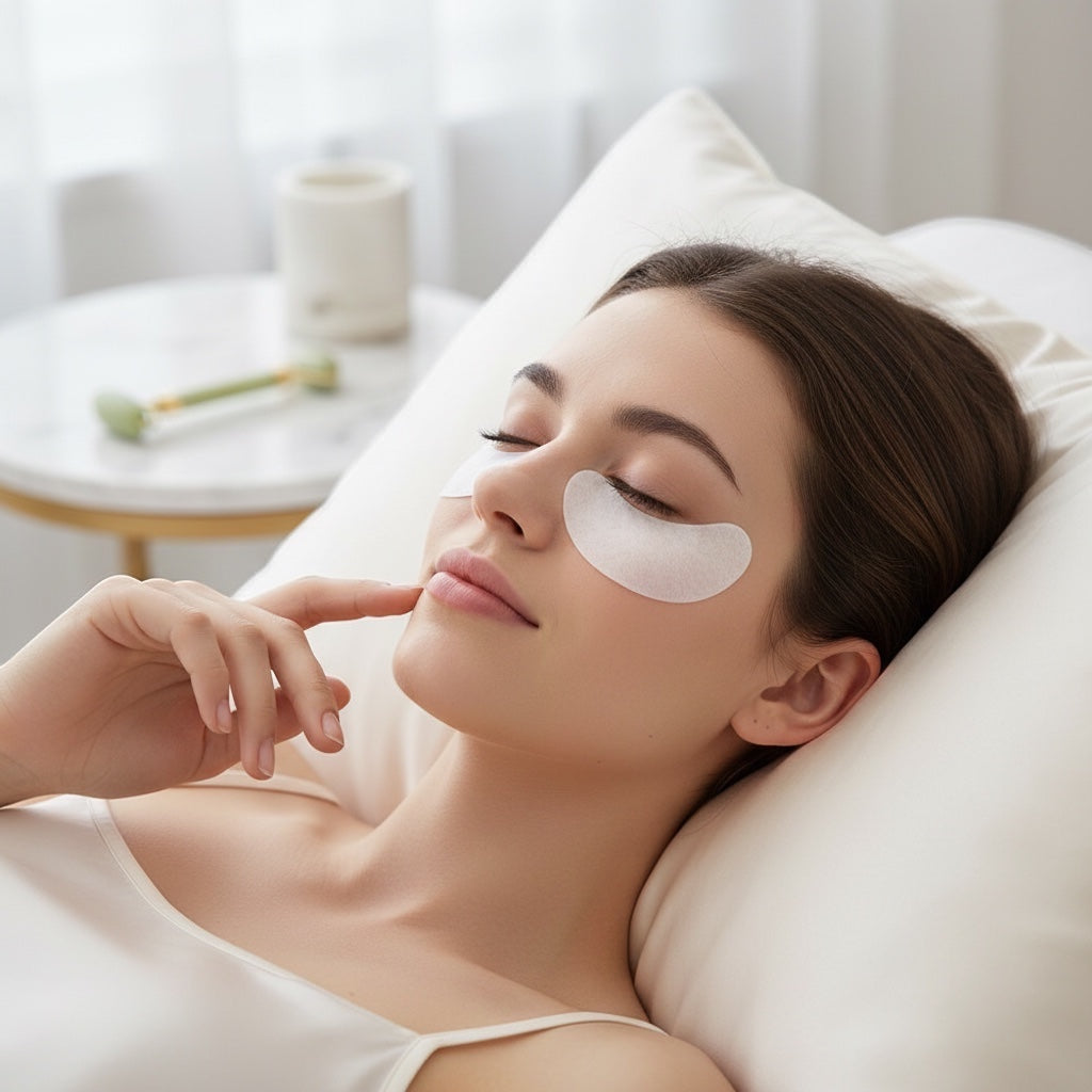 House of Tresse EyePatches Hydrogel-Augenpads für Wimpernverlängerungen auf der Haut einer entspannten Kundin