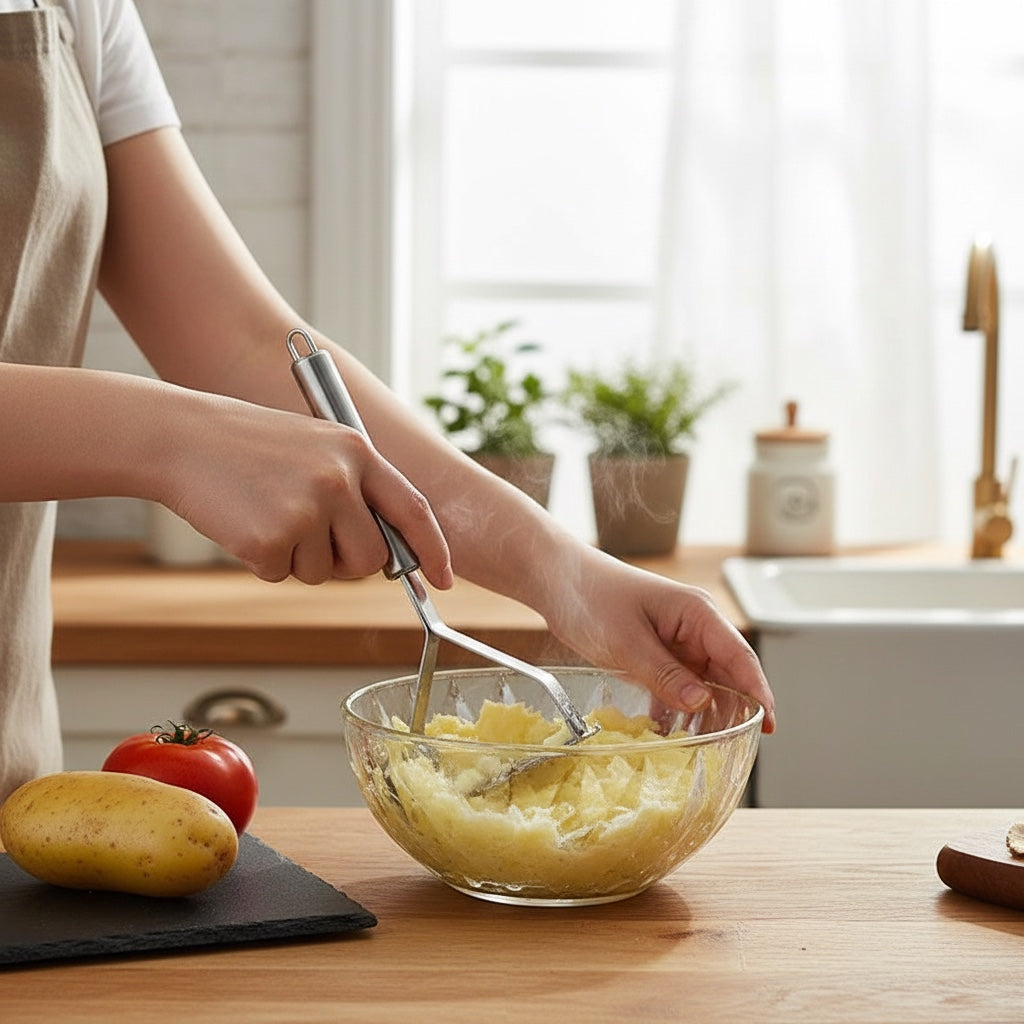 House of Tresse PüreeProfi Kartoffelstampfer aus Edelstahl für cremiges Kartoffelpüree, 3 Aufsätze