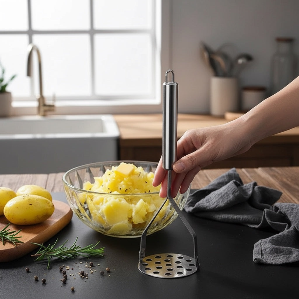 House of Tresse PüreeProfi Kartoffelstampfer aus Edelstahl mit ergonomischem Griff und Lochung für luftiges Püree