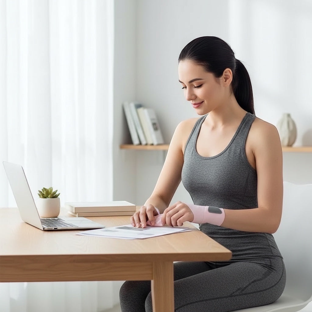 Frau trägt eine rosa Karuner Handgelenkbandage bei der Arbeit am Laptop für ergonomische Unterstützung.