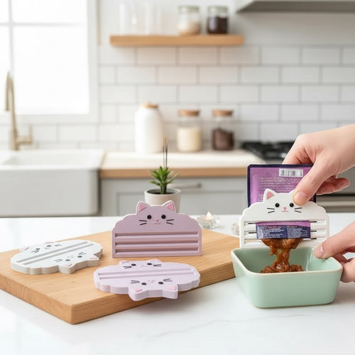 House of Tresse Katzenfutter-Squeezer in Rosa und Weiß, aus Kunststoff, mit süßem Katzengesicht-Design, zum vollständigen Entleeren von Futterbeuteln.