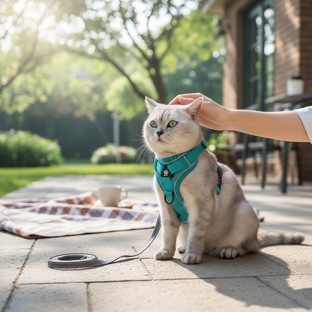 House of Tresse Soft-Safety Pro Katzengeschirr aus Mesh in Türkis und Grau, ausbruchsicher und reflektierend