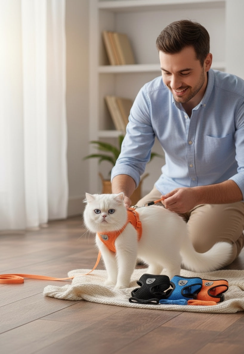 House of Tresse Soft-SafetyCat Katzengeschirr in Orange mit reflektierenden Streifen, verstellbar und atmungsaktiv.