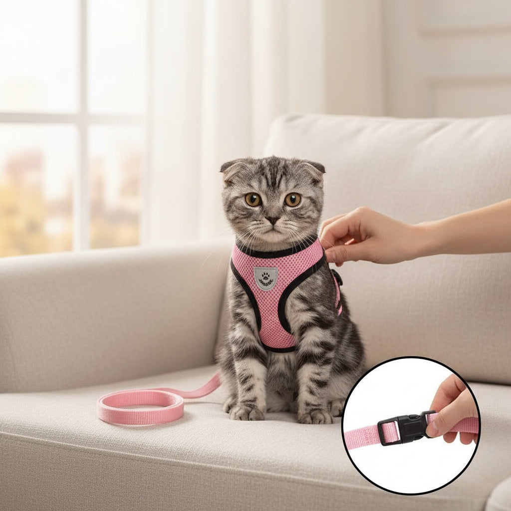 House of Tresse Soft-SafetyCat Katzengeschirr in Pink, verstellbar, mit Klettverschluss und reflektierendem Design für Sicherheit.