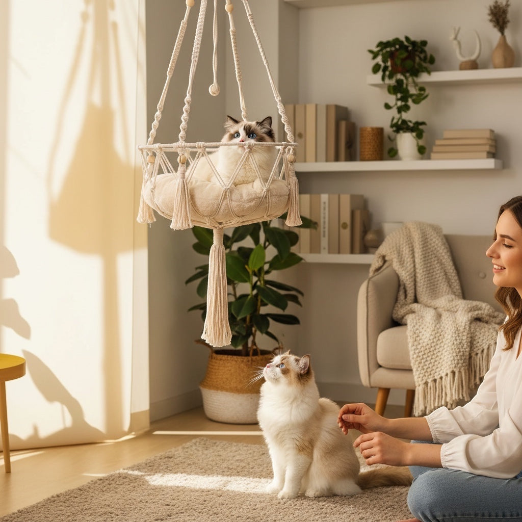 House of Tresse Hängematte für Katzen aus Makramee, beige, mit Kissen, ideal für den Innenbereich