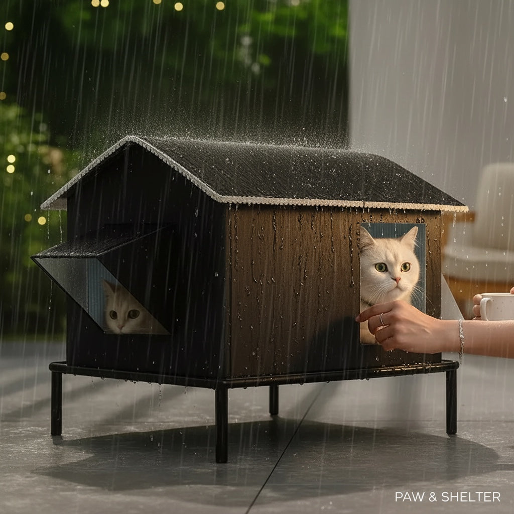 House of Tresse Tresse Cat Pavilion: wetterfeste, erhöhte Katzenhütte aus schwarzem Material mit Fenstern, ideal für den Außenbereich.